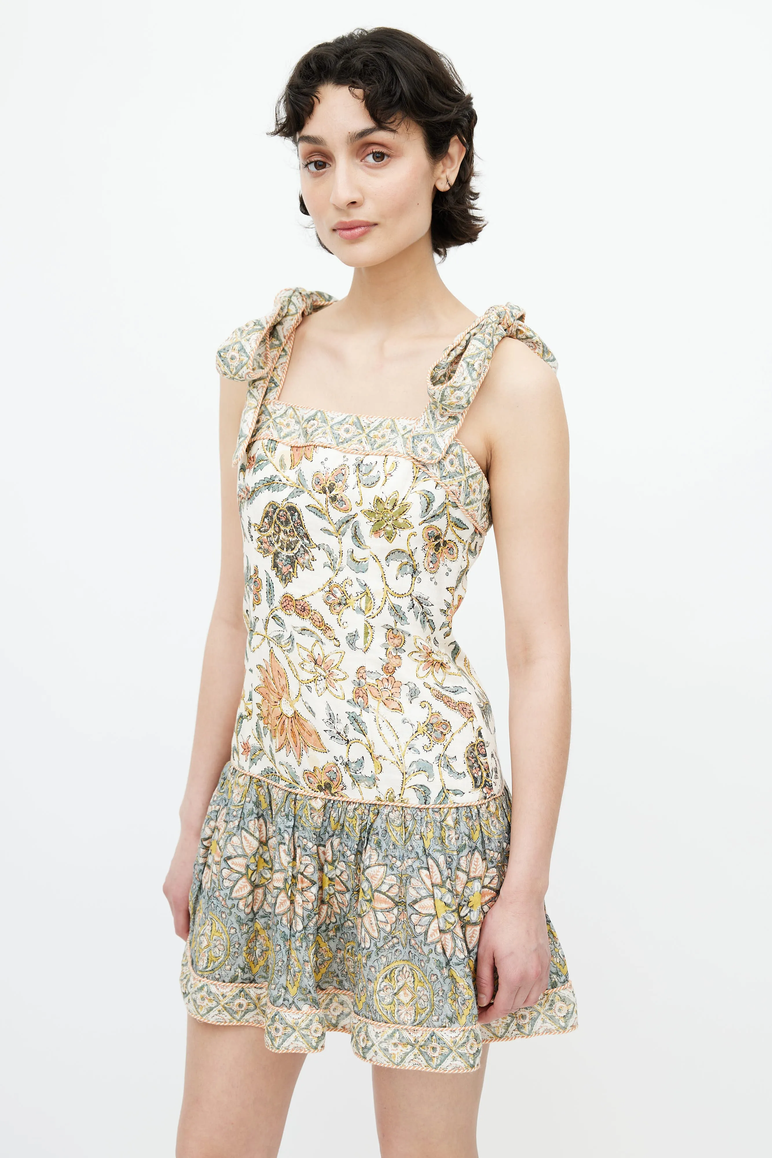 Cream & Multicolour Floral Knotted Dress