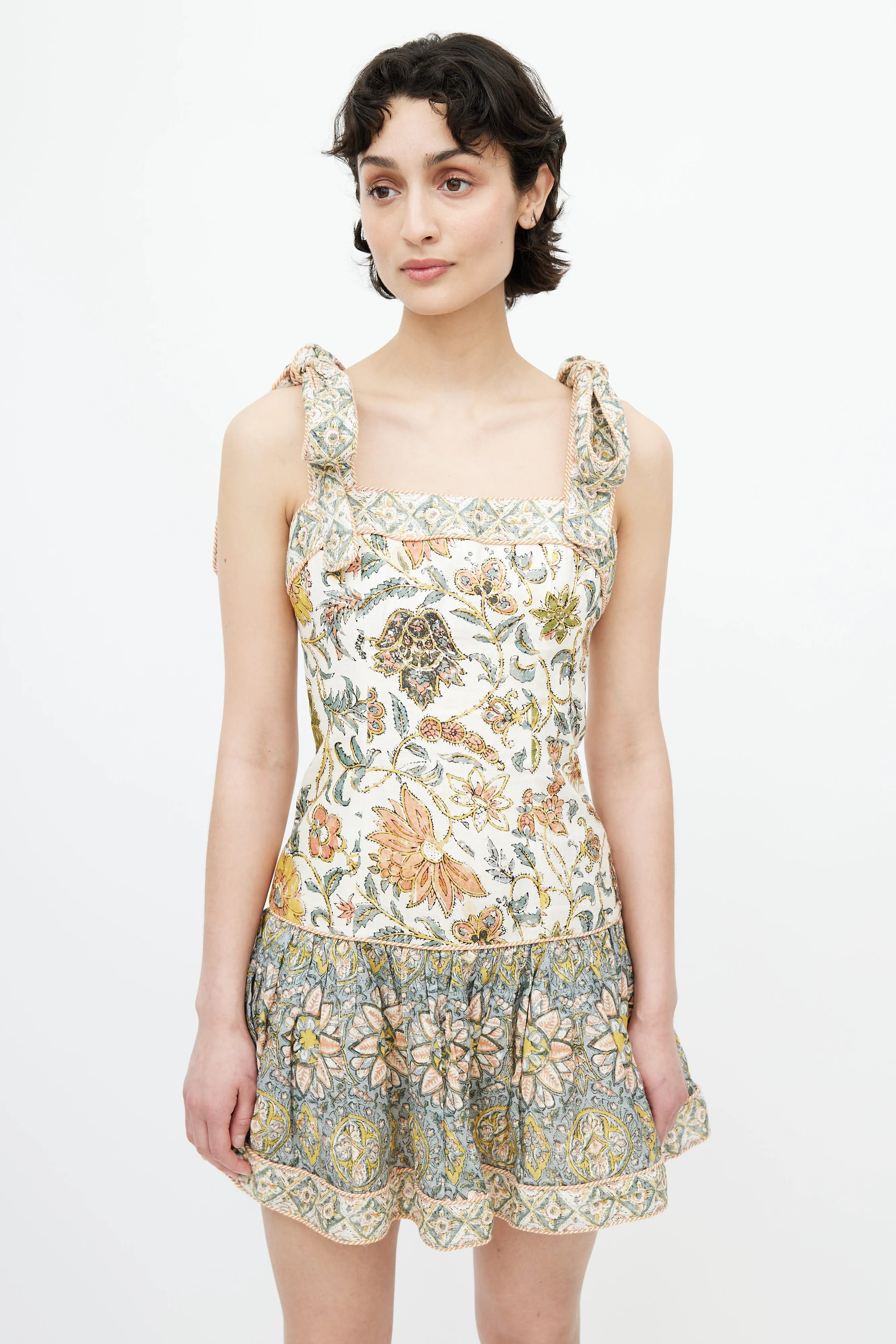 Cream & Multicolour Floral Knotted Dress