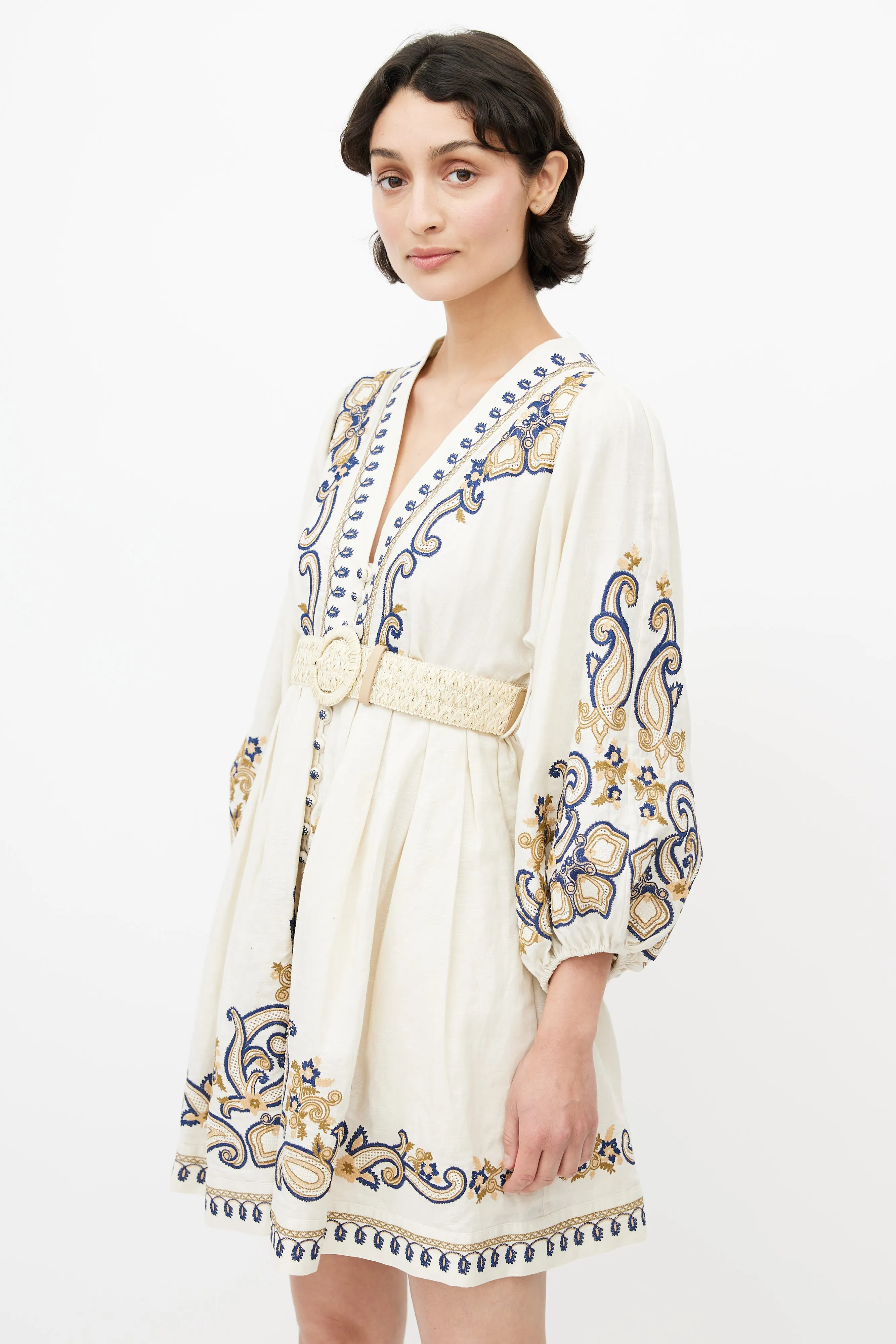 Cream Linen Embroidered Aliane Dress