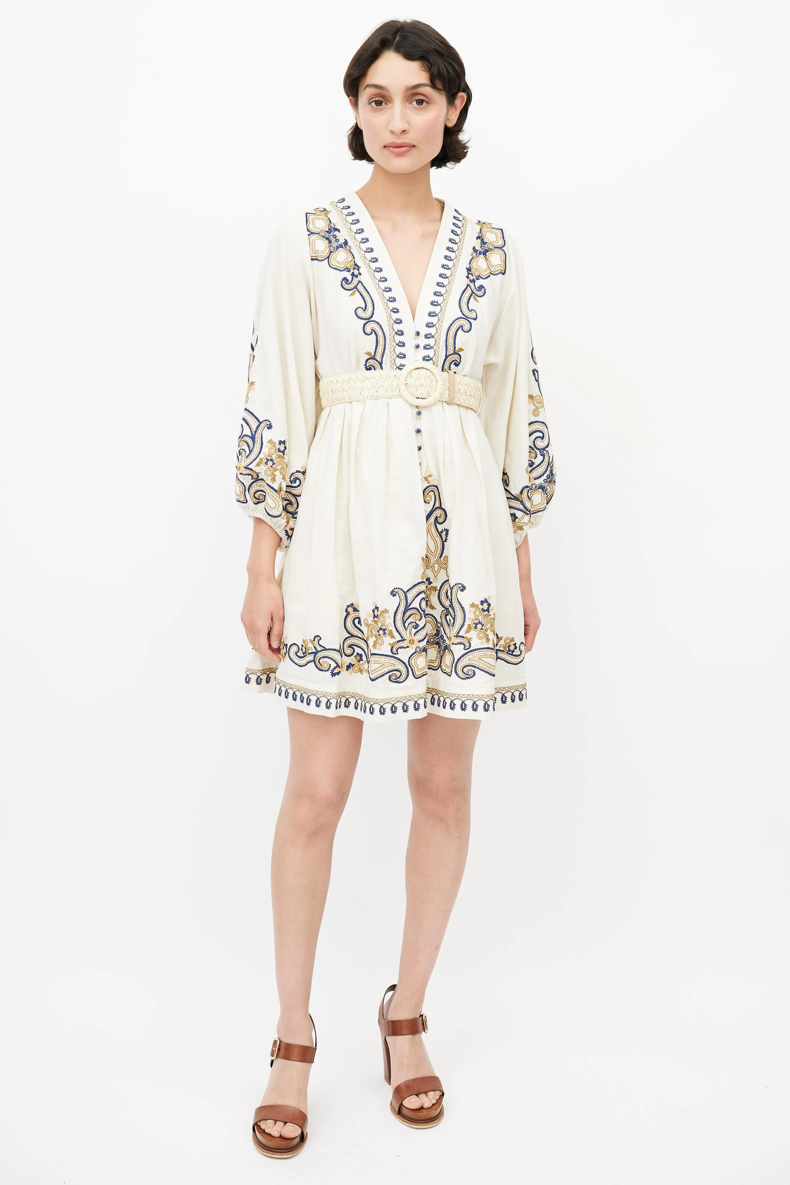 Cream Linen Embroidered Aliane Dress