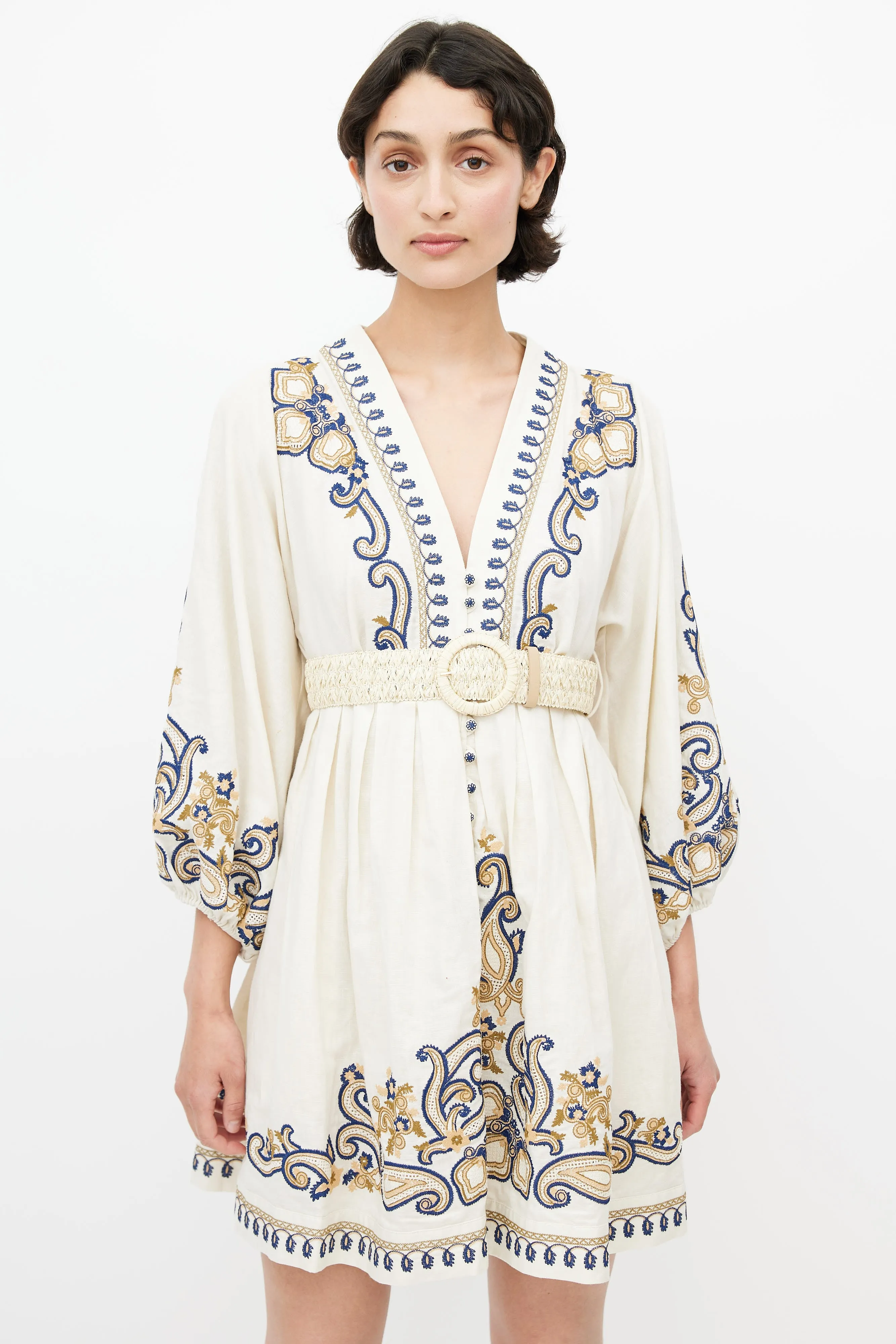 Cream Linen Embroidered Aliane Dress