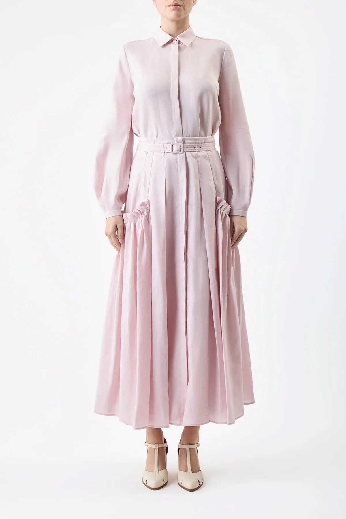 Cyrielle Pleated Midi Skirt in Blush Aloe Linen