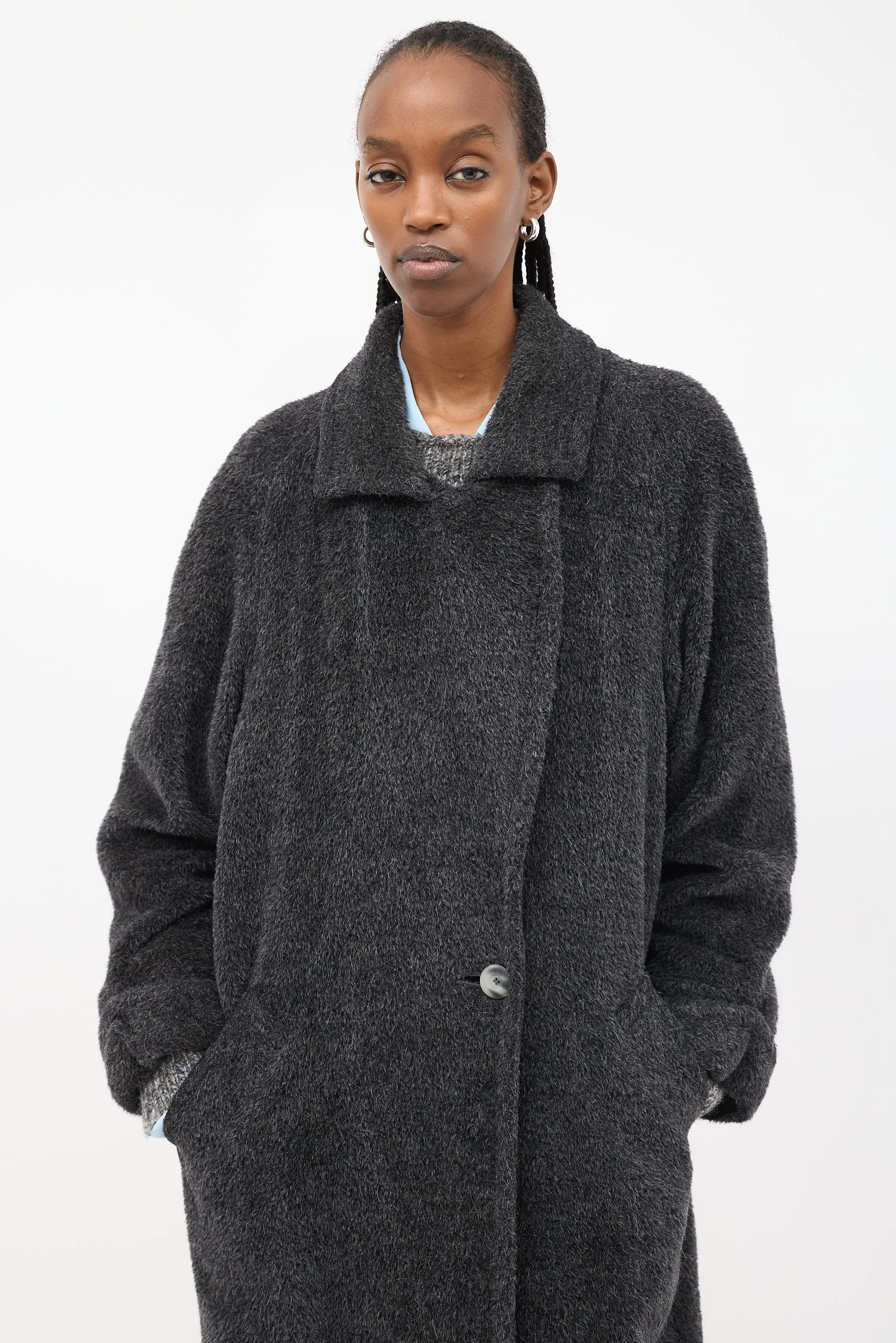 Dark Grey Fuzzy Wool Long Coat