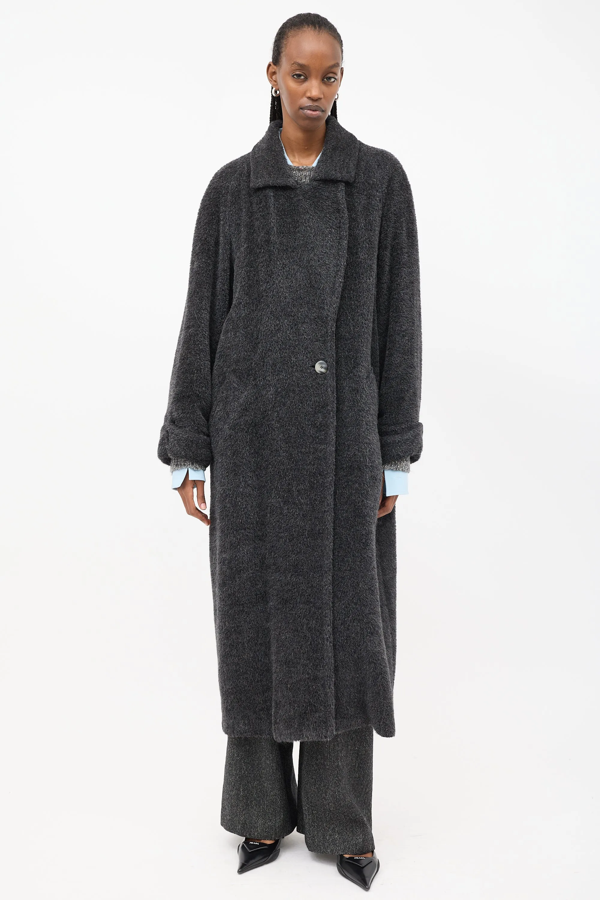 Dark Grey Fuzzy Wool Long Coat