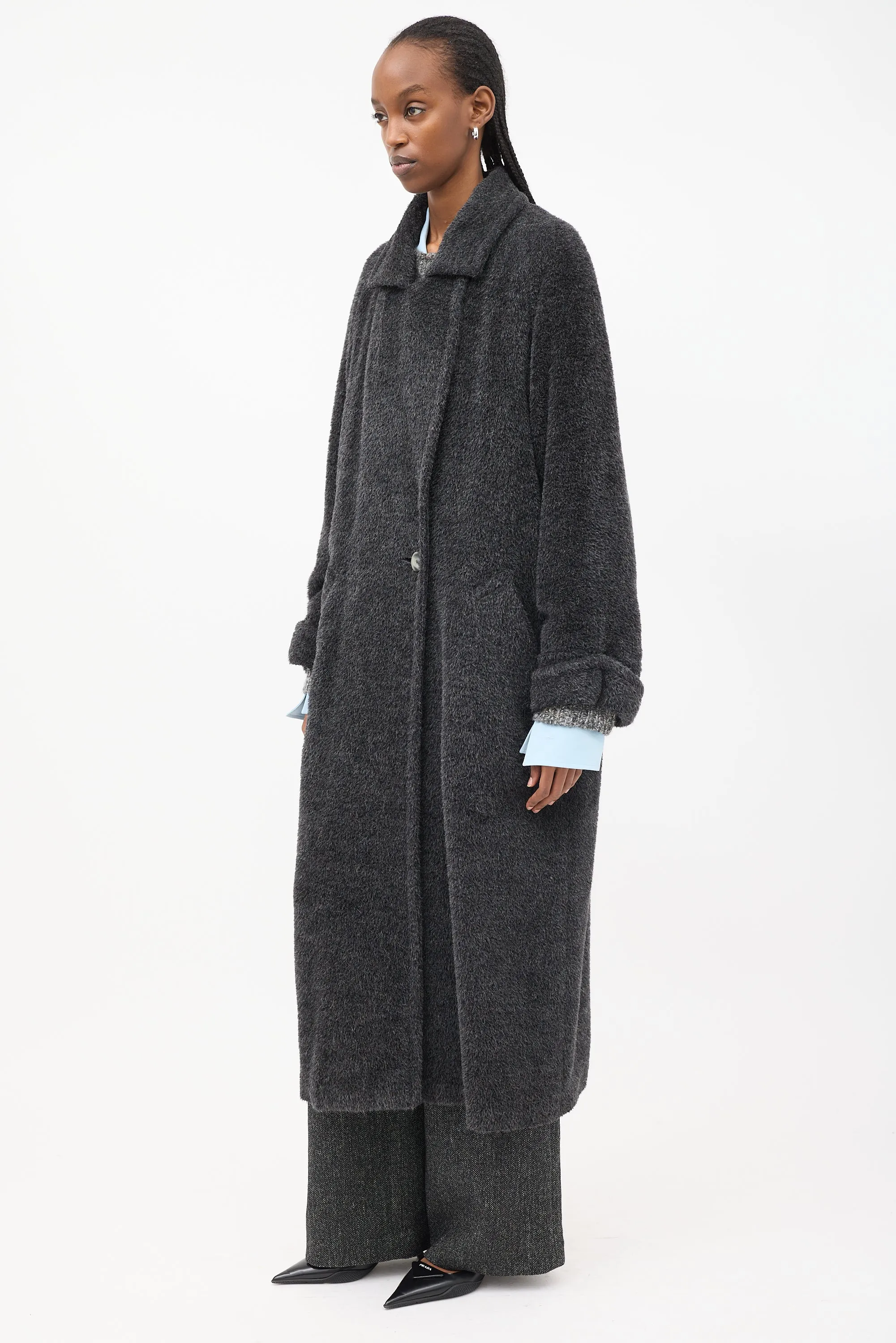 Dark Grey Fuzzy Wool Long Coat