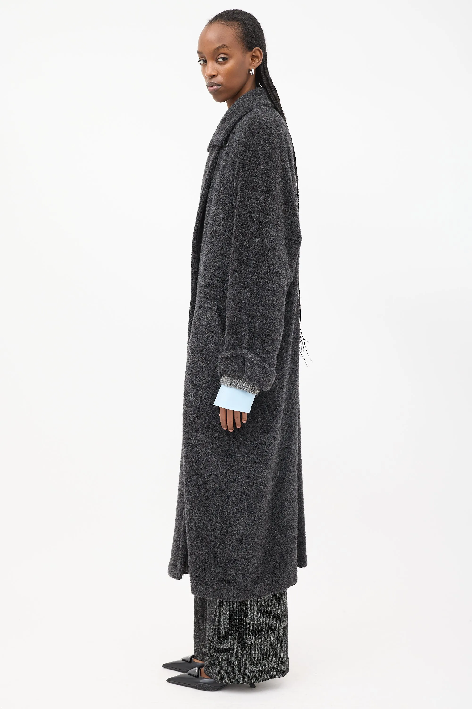 Dark Grey Fuzzy Wool Long Coat