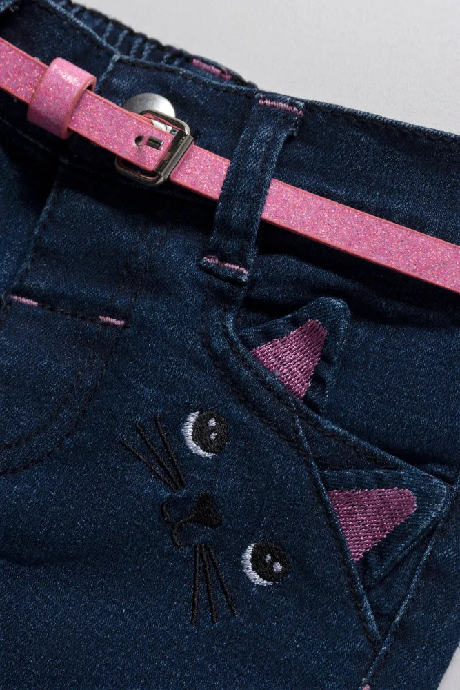 Denim Shorts With 3D Motif Dark Wash Indigo