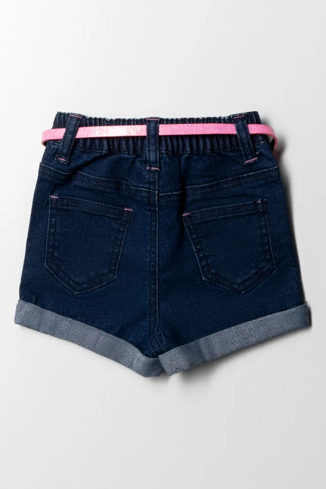 Denim Shorts With 3D Motif Dark Wash Indigo