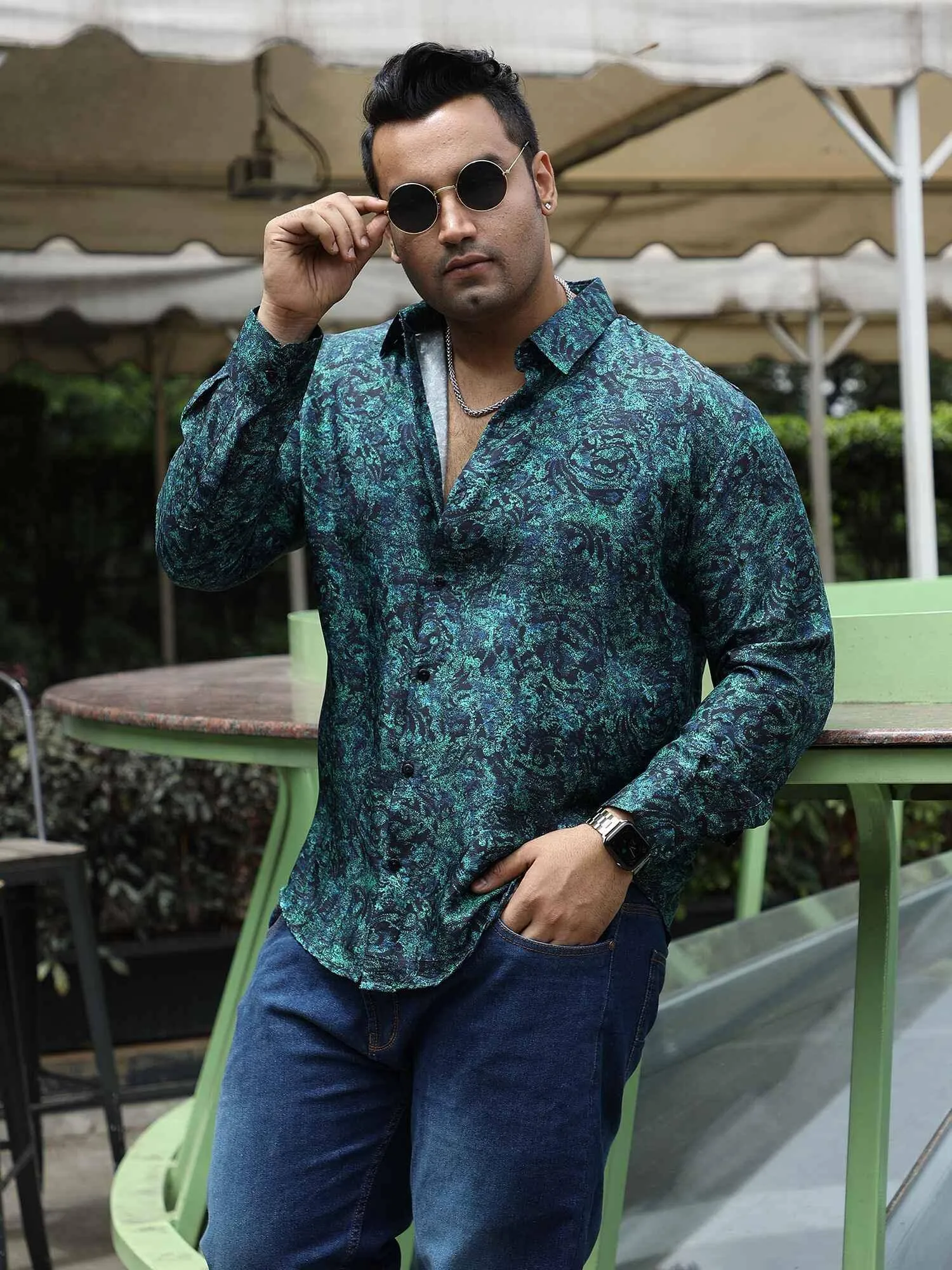 Dense Leafy green Printed Full Shirt Men's Plus Size