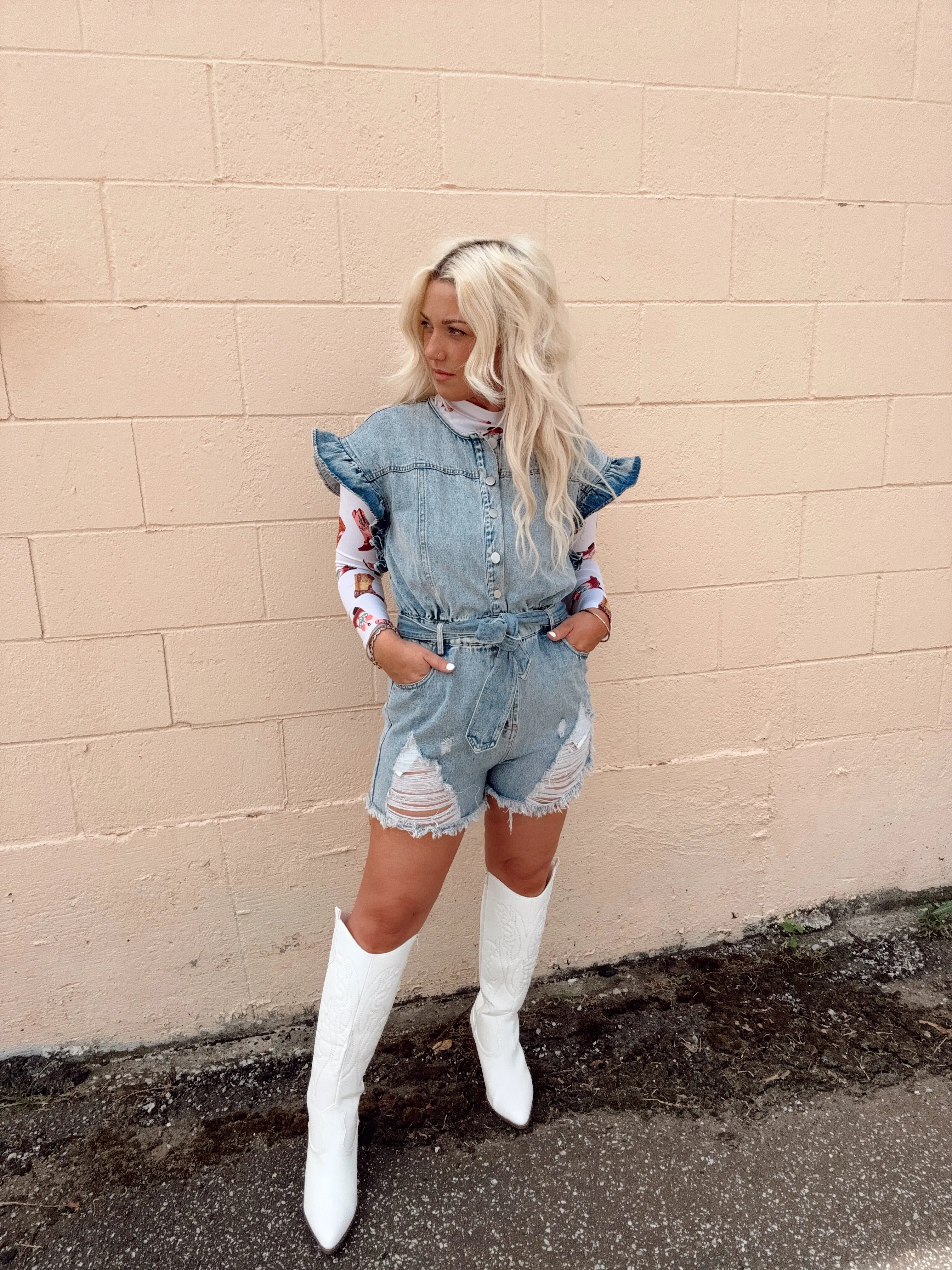 Distressed Ruffled Denim Romper