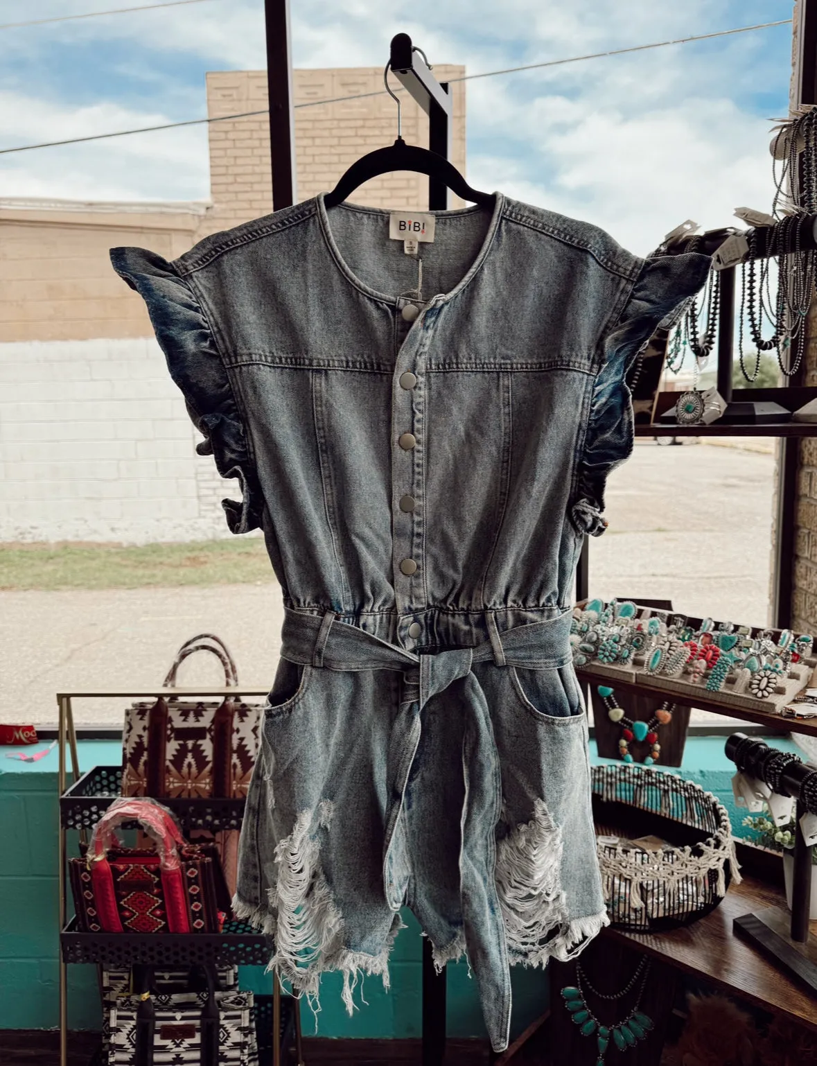 Distressed Ruffled Denim Romper