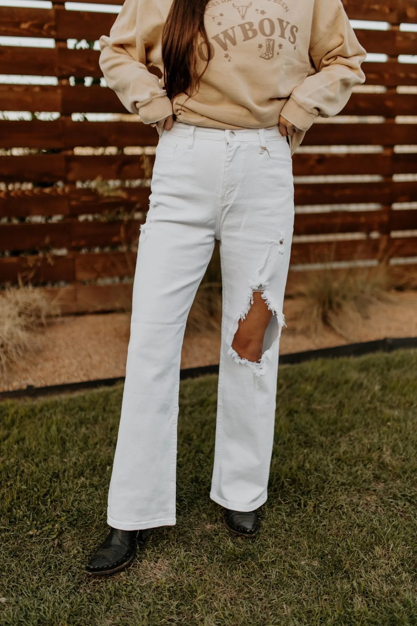 Distressed White Straight Leg Jeans