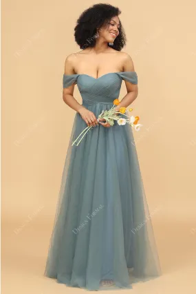 Dusty Sage Tulle Floor Length Off-the-Shoulder Dress