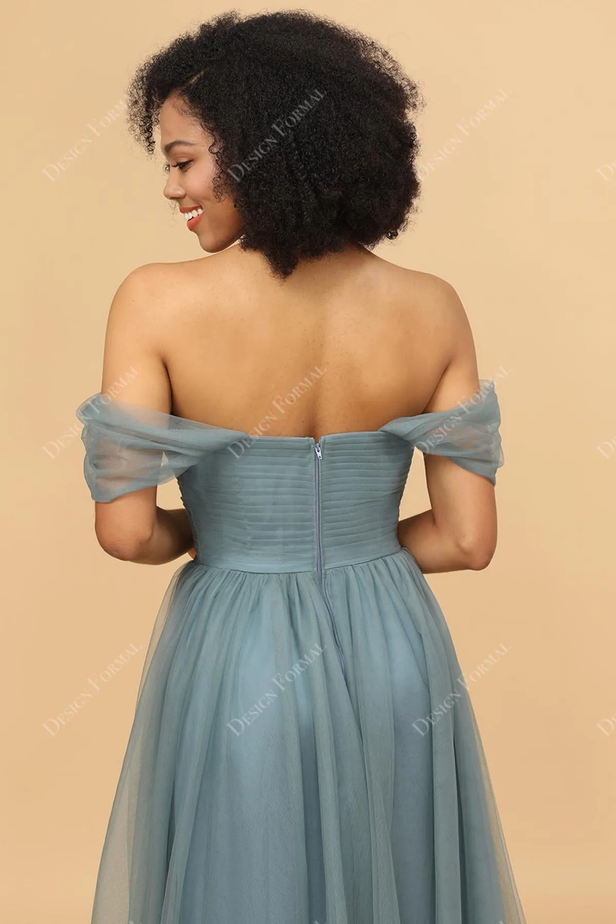 Dusty Sage Tulle Floor Length Off-the-Shoulder Dress