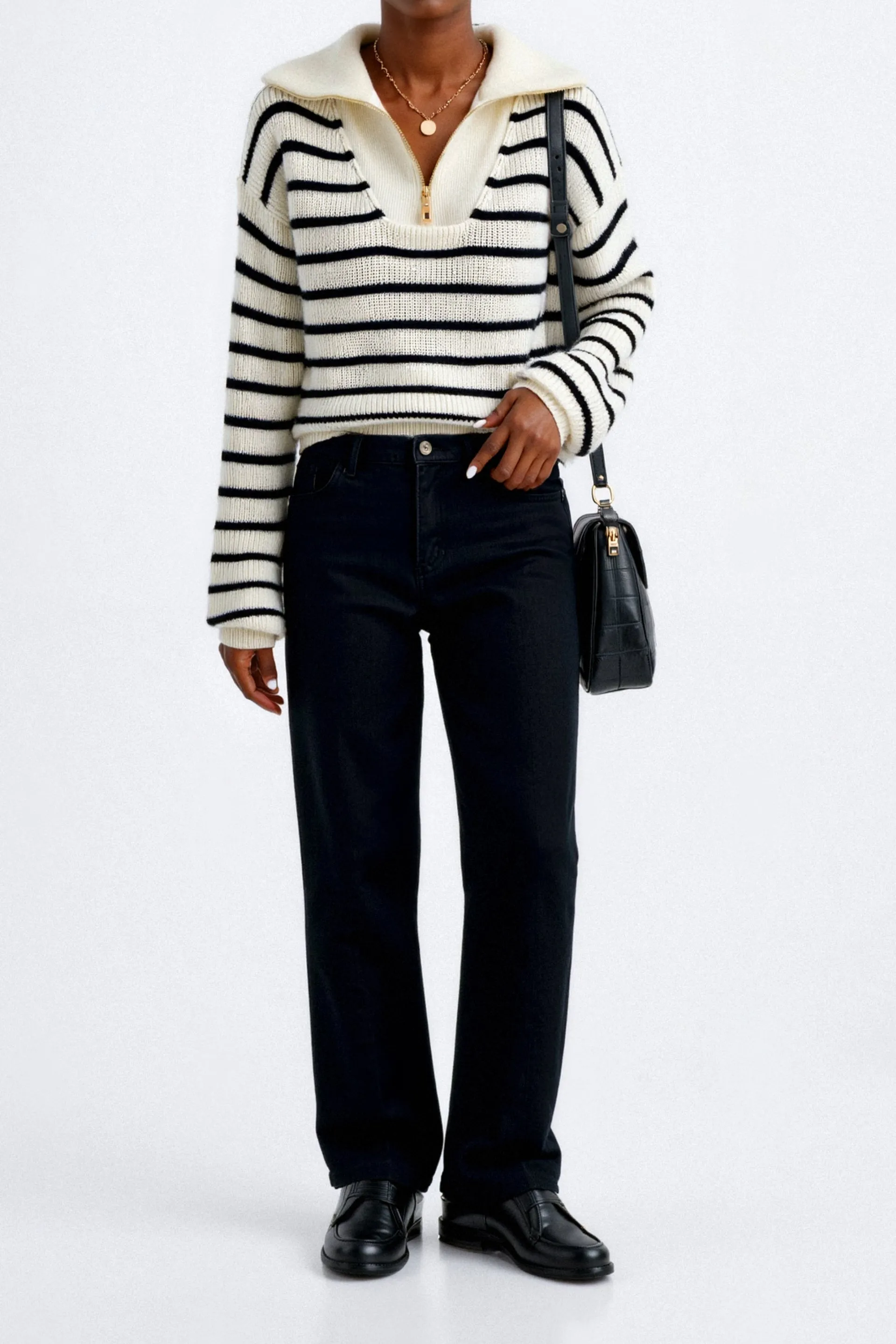 Elegant Heavy Striped Pattern Quarter Zip Collared Sweater