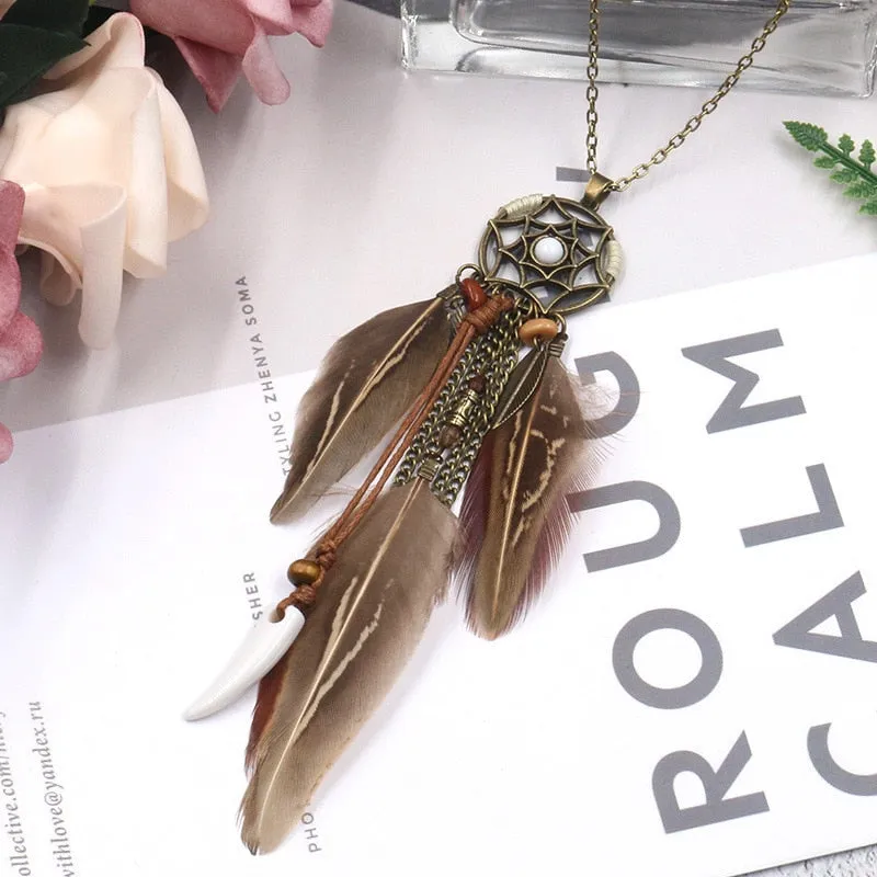 Ethnic Long Chain Feather Pendant Dream Catcher