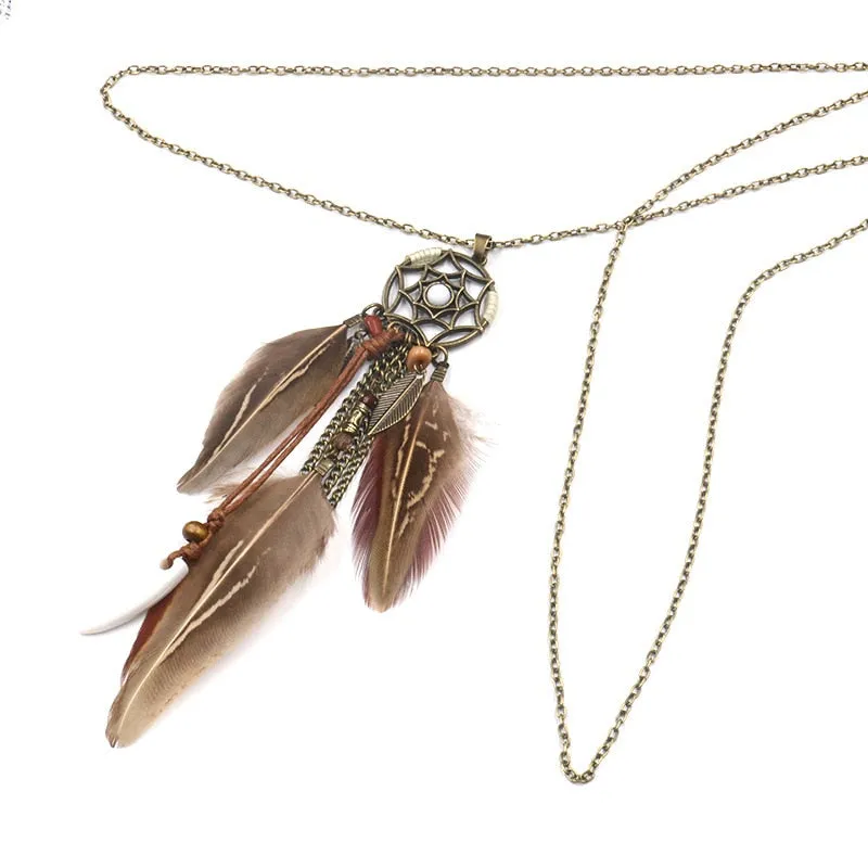 Ethnic Long Chain Feather Pendant Dream Catcher