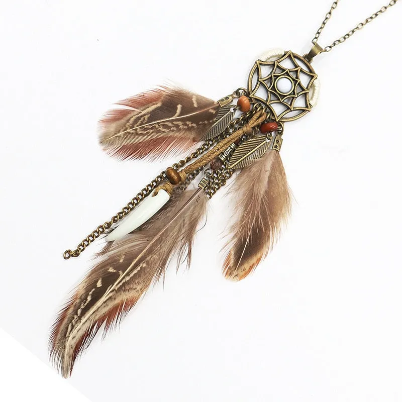 Ethnic Long Chain Feather Pendant Dream Catcher