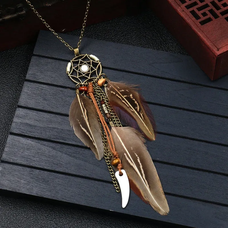 Ethnic Long Chain Feather Pendant Dream Catcher