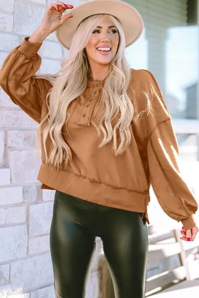 Exposed Seam Half Button Long Sleeve Sweatshirt