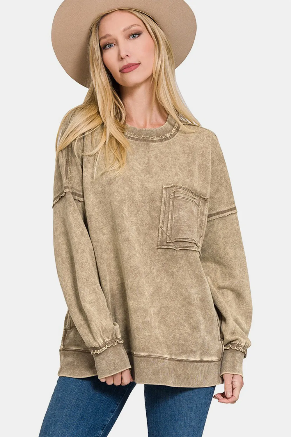 Exposed Seam Round Neck Dropped Shoulder Sweatshirt