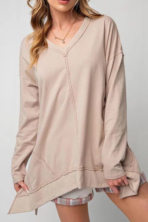 Exposed Seam V-Neck Long Sleeve Slit Sweatshirt