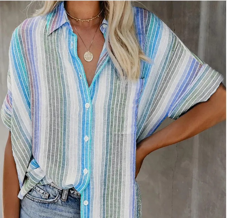 Fashion Casual Color Striped Shirt Button Short Sleeve Shirt