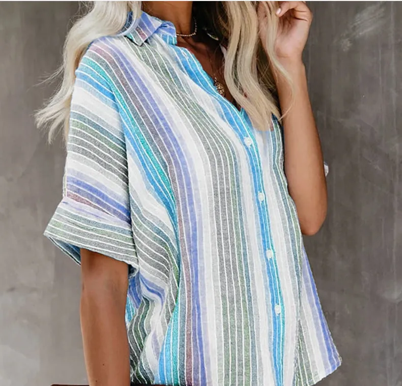 Fashion Casual Color Striped Shirt Button Short Sleeve Shirt