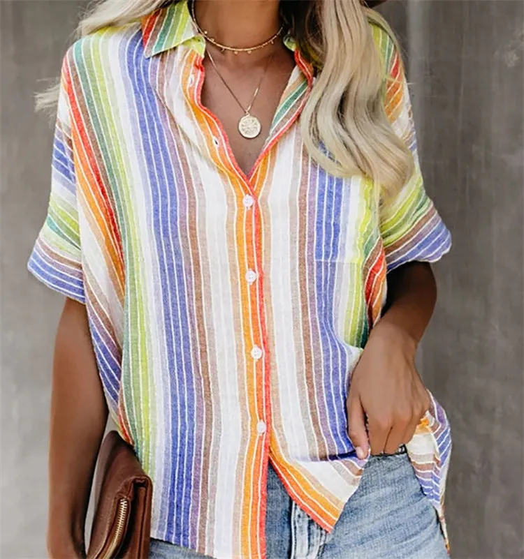 Fashion Casual Color Striped Shirt Button Short Sleeve Shirt