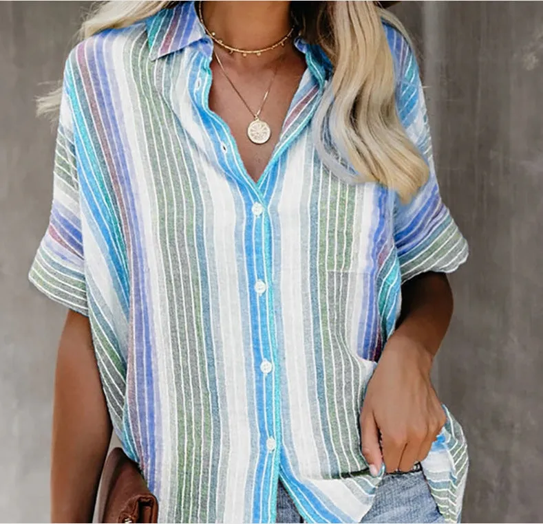 Fashion Casual Color Striped Shirt Button Short Sleeve Shirt