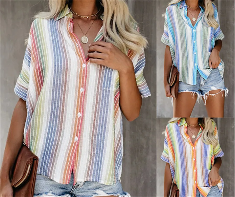 Fashion Casual Color Striped Shirt Button Short Sleeve Shirt