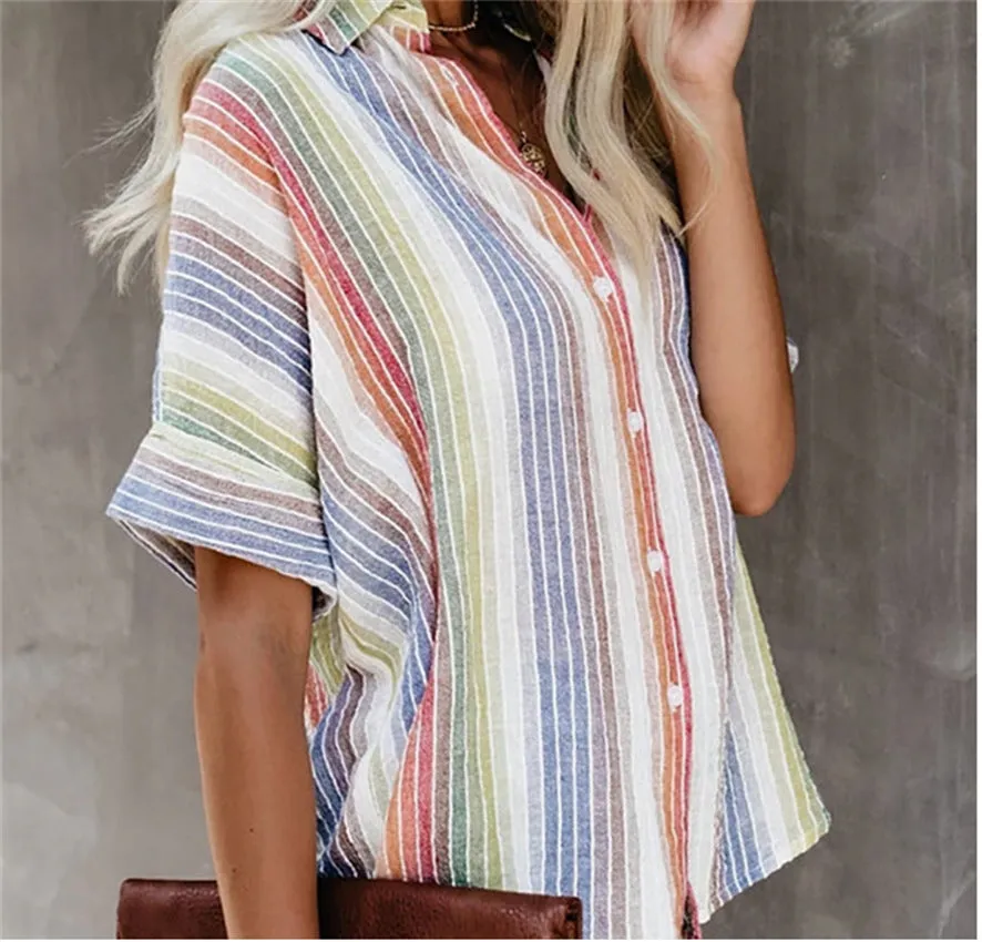 Fashion Casual Color Striped Shirt Button Short Sleeve Shirt