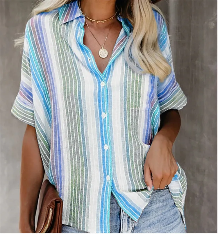 Fashion Casual Color Striped Shirt Button Short Sleeve Shirt