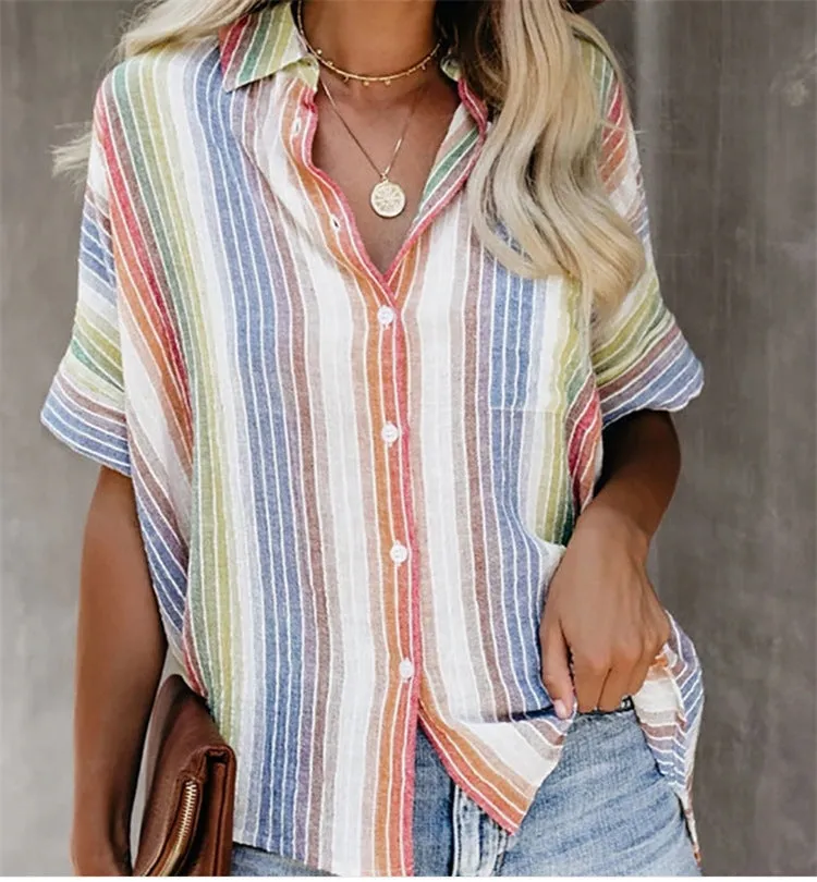 Fashion Casual Color Striped Shirt Button Short Sleeve Shirt