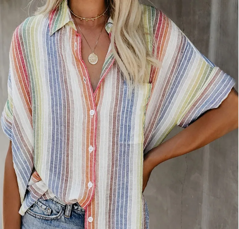 Fashion Casual Color Striped Shirt Button Short Sleeve Shirt