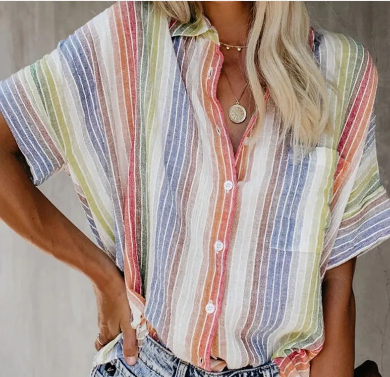 Fashion Casual Color Striped Shirt Button Short Sleeve Shirt