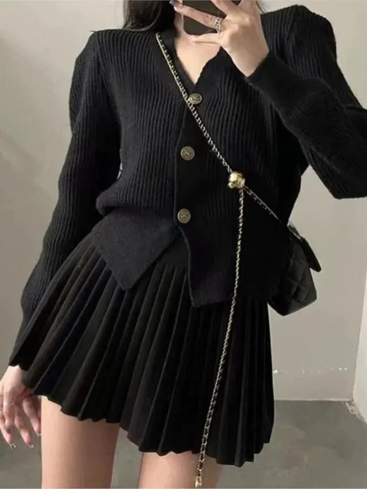 Fashionkova Casual Knitted 2 Piece Set Single Breasted V-neck Top   High Waist Mini Pleated Skirt Autumn Spring Korean Fashion Solid Outfits