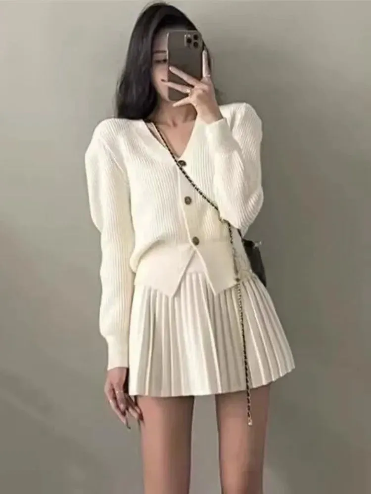 Fashionkova Casual Knitted 2 Piece Set Single Breasted V-neck Top   High Waist Mini Pleated Skirt Autumn Spring Korean Fashion Solid Outfits