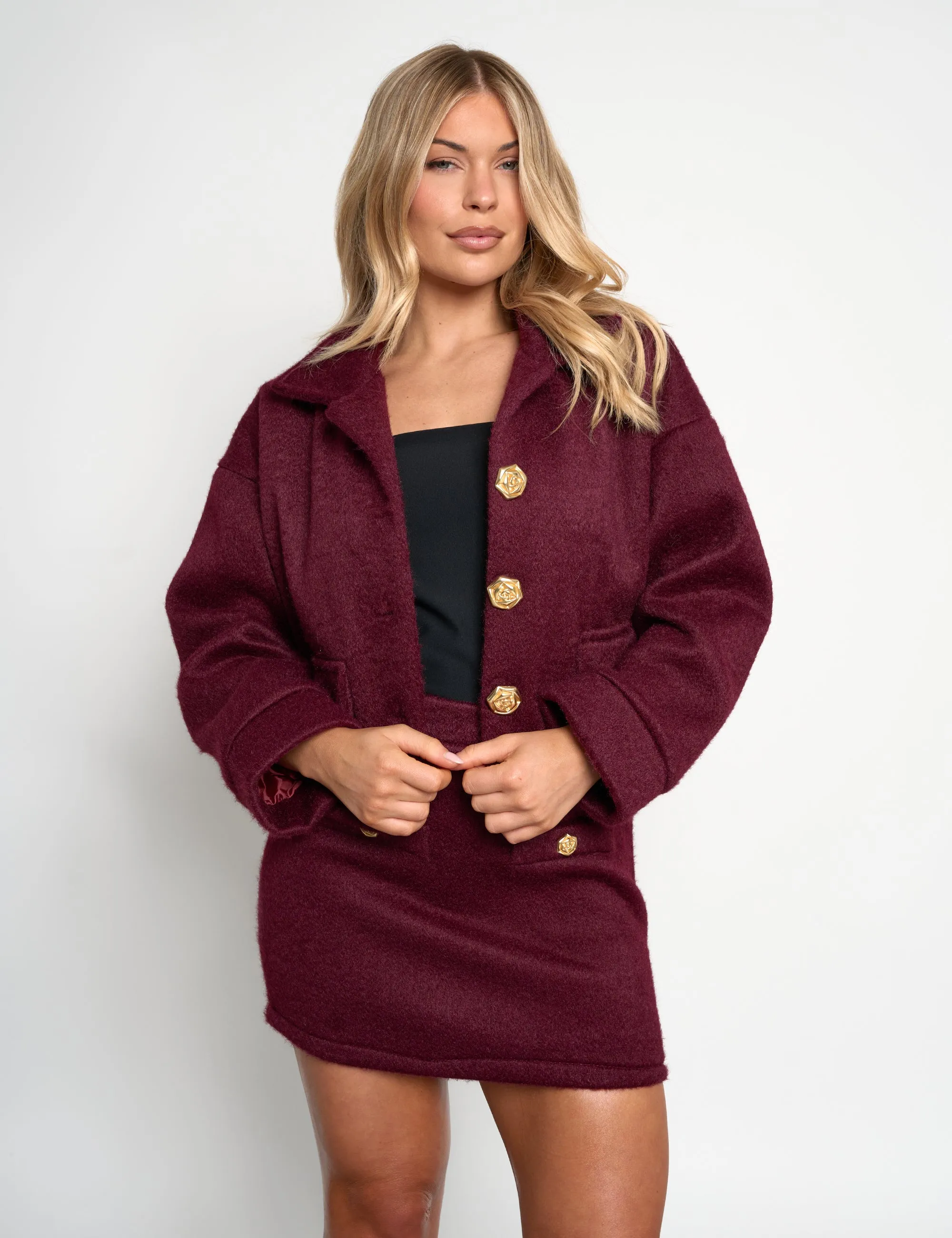 Faux Wool Gold Button Detail Jacket Co Ord Burgundy