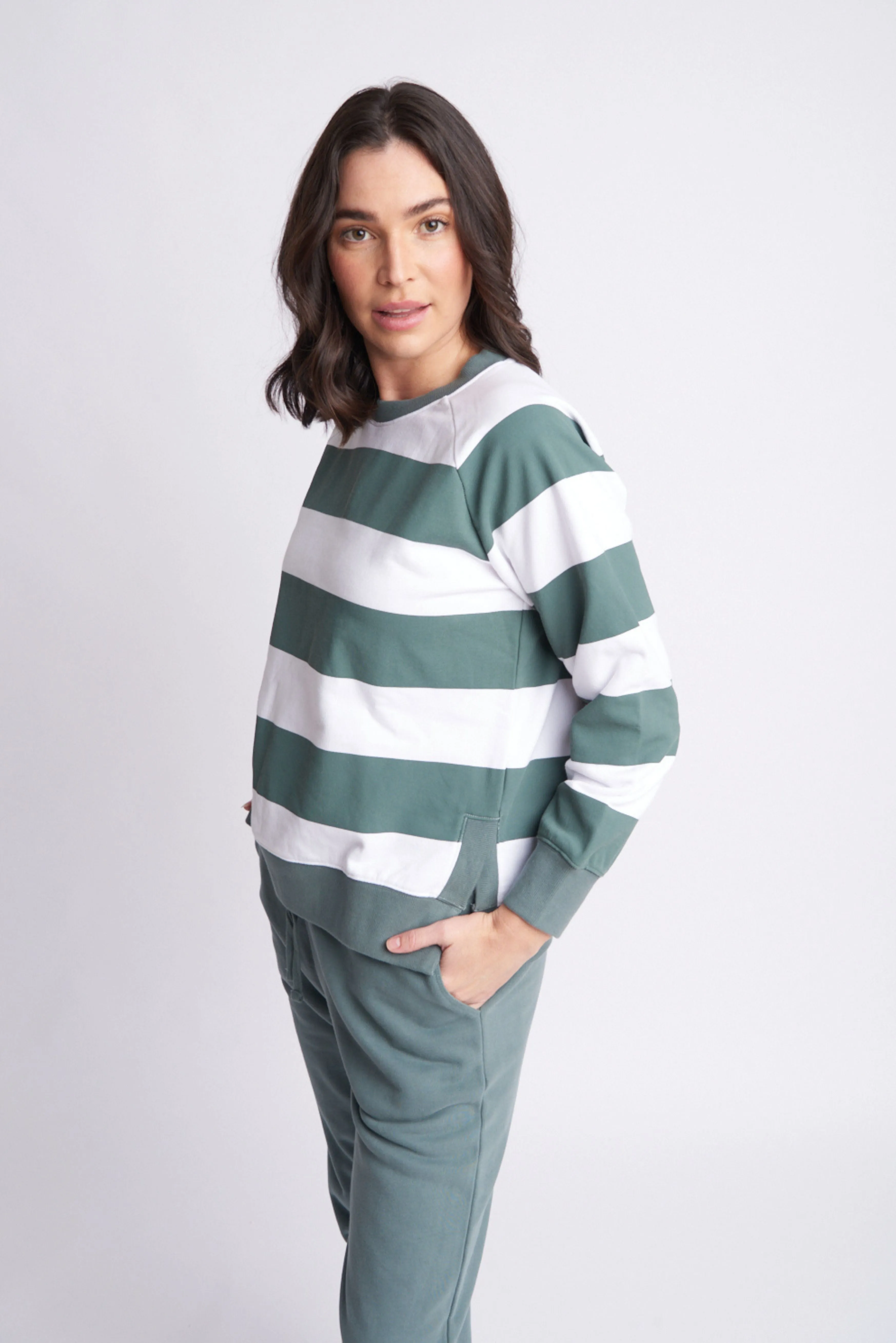 Fleece Stripe Side Split Sweater Forest/White