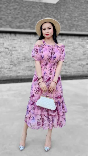 Floral Cold Shoulder Puff Sleeve Dress MJD033