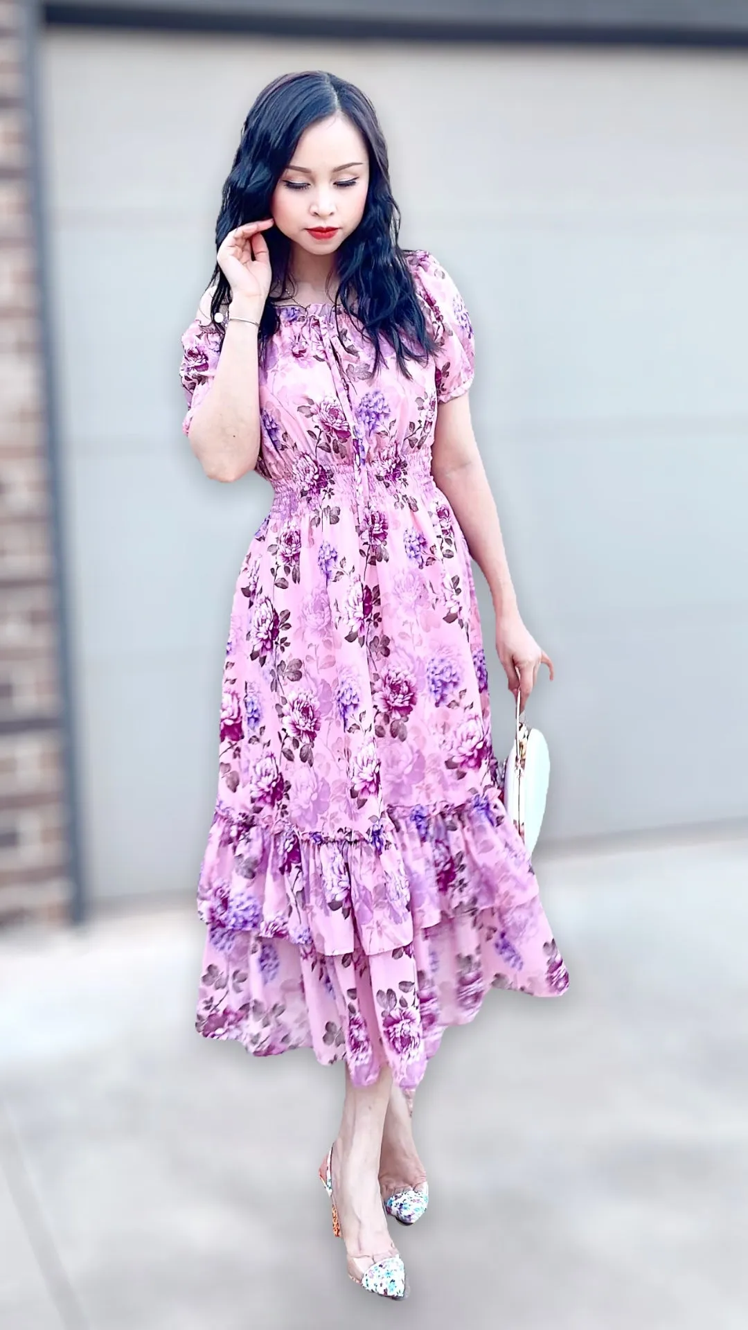 Floral Cold Shoulder Puff Sleeve Dress MJD033