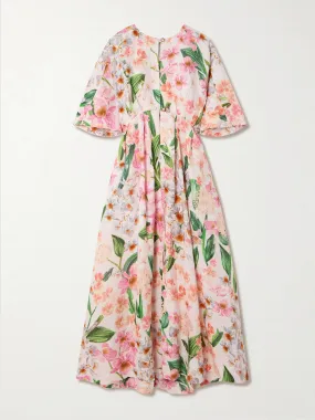 Gesto Jardinera pleated floral-print linen maxi dress