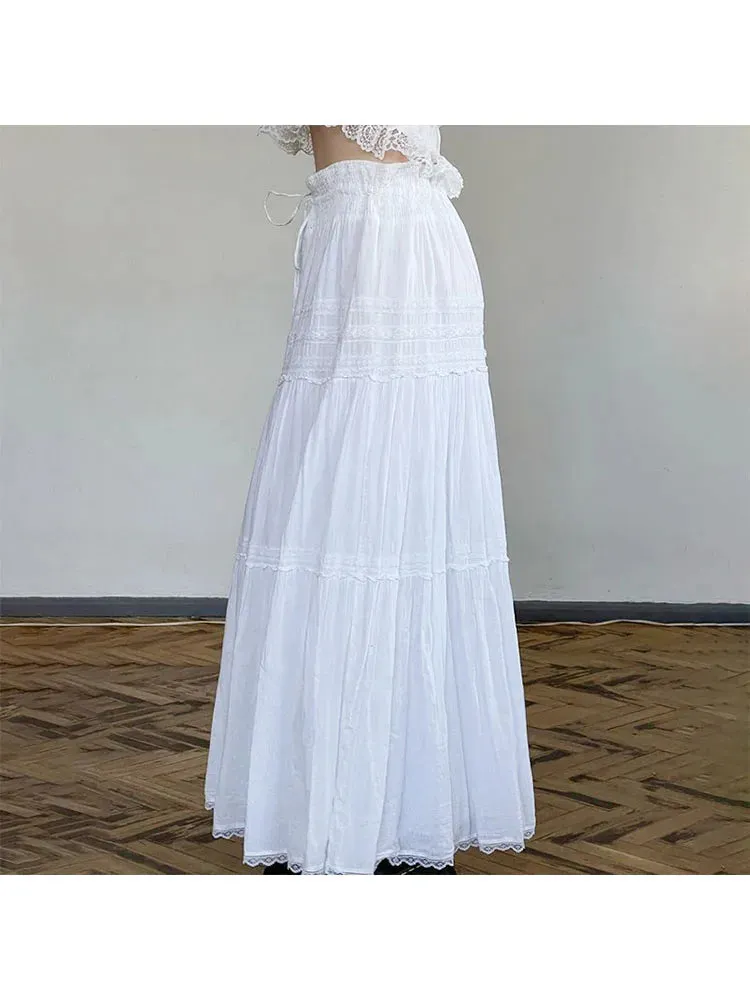 Girlary Woman Cotton Linen Maxi Jacquard Skirt Patchwork Pleated Simple Skirt Vintage A-line Preppy Style Skirt All-match Ins Kpop