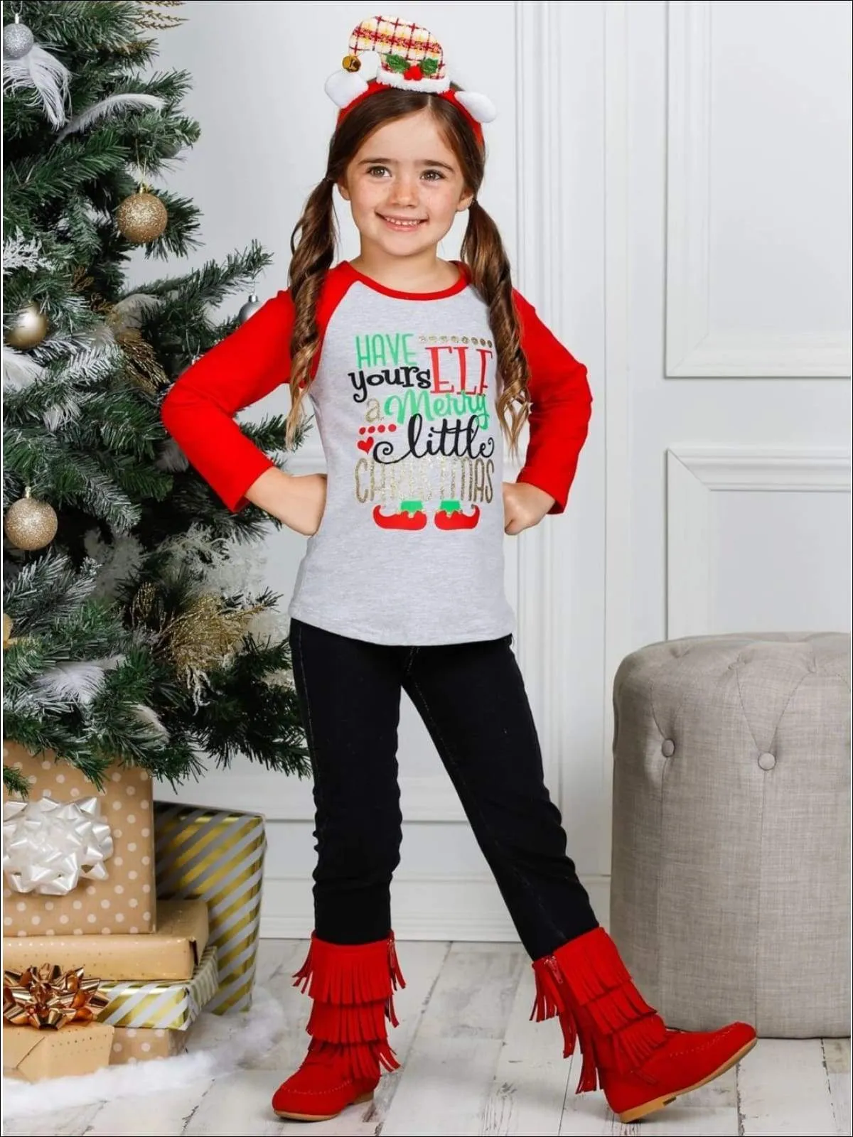 Girls "Have yoursELF a Merry Little Christmas" Top and Cuffed Jeans Set