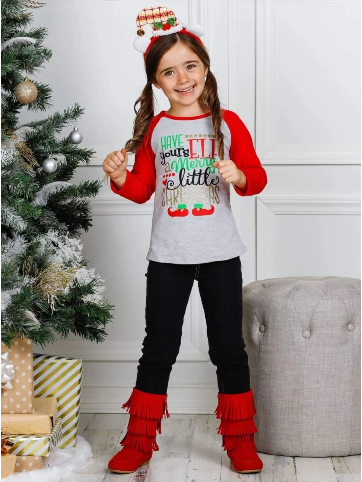 Girls "Have yoursELF a Merry Little Christmas" Top and Cuffed Jeans Set