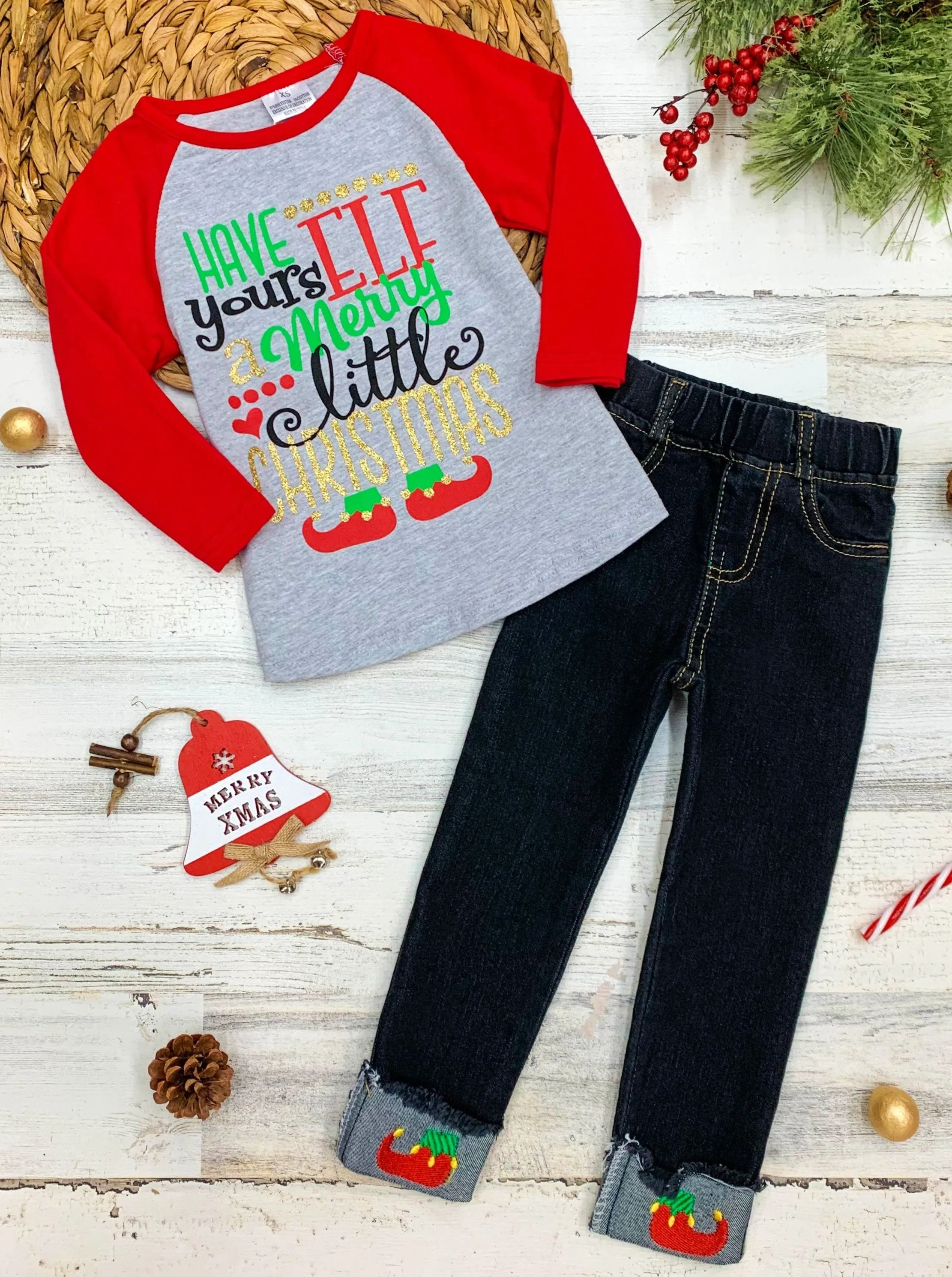 Girls "Have yoursELF a Merry Little Christmas" Top and Cuffed Jeans Set