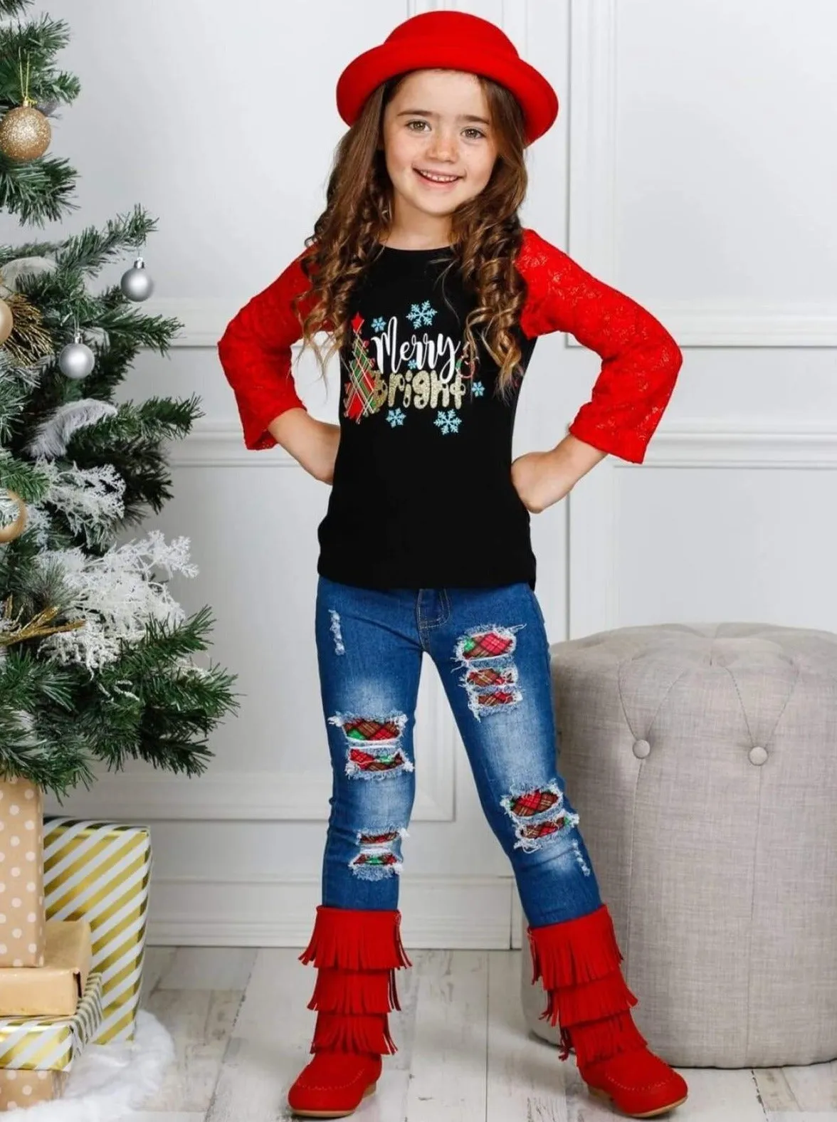 Girls "Merry and Bright" Lace Graphic Top and Ripped Jeans Set