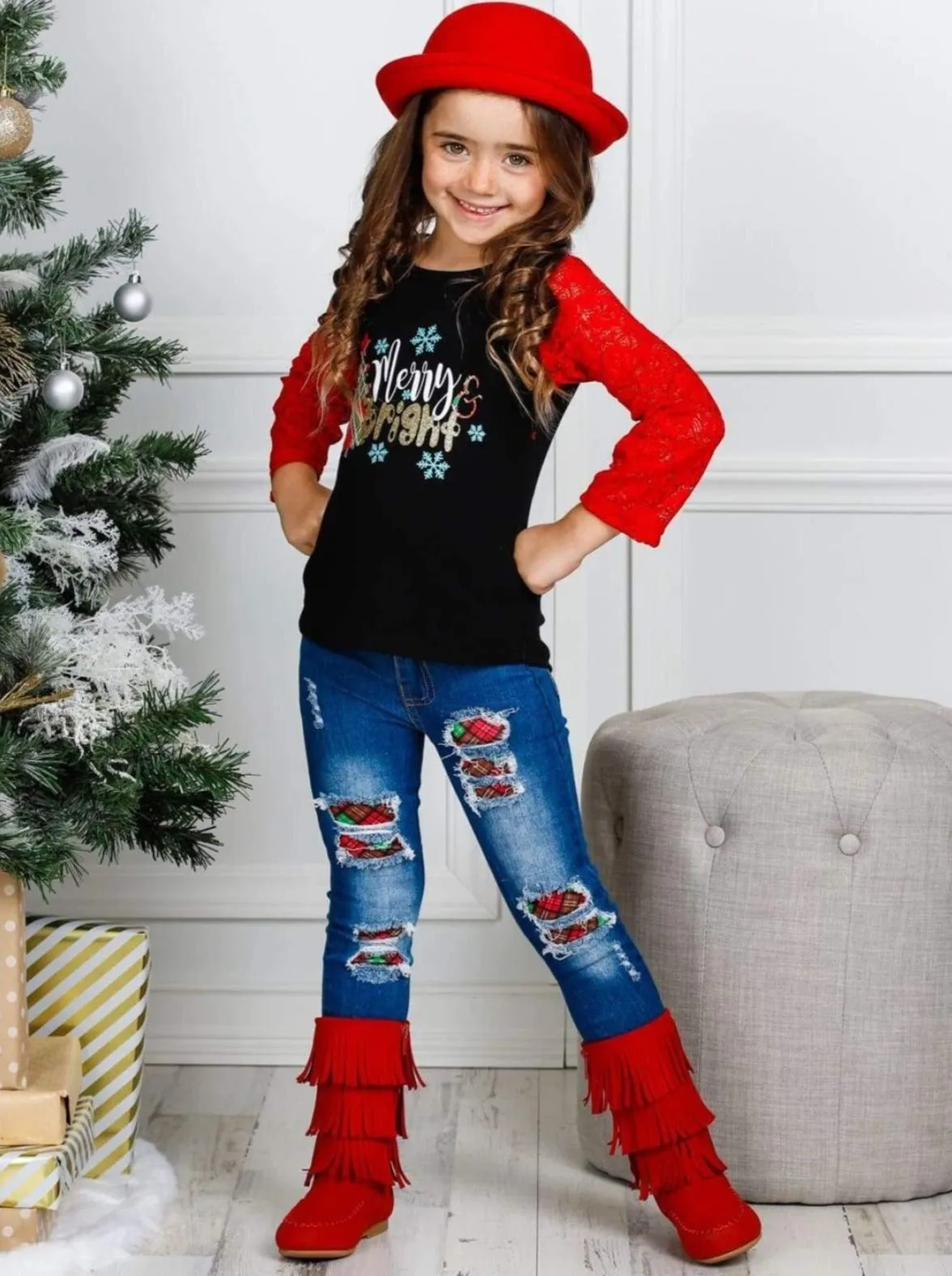 Girls "Merry and Bright" Lace Graphic Top and Ripped Jeans Set