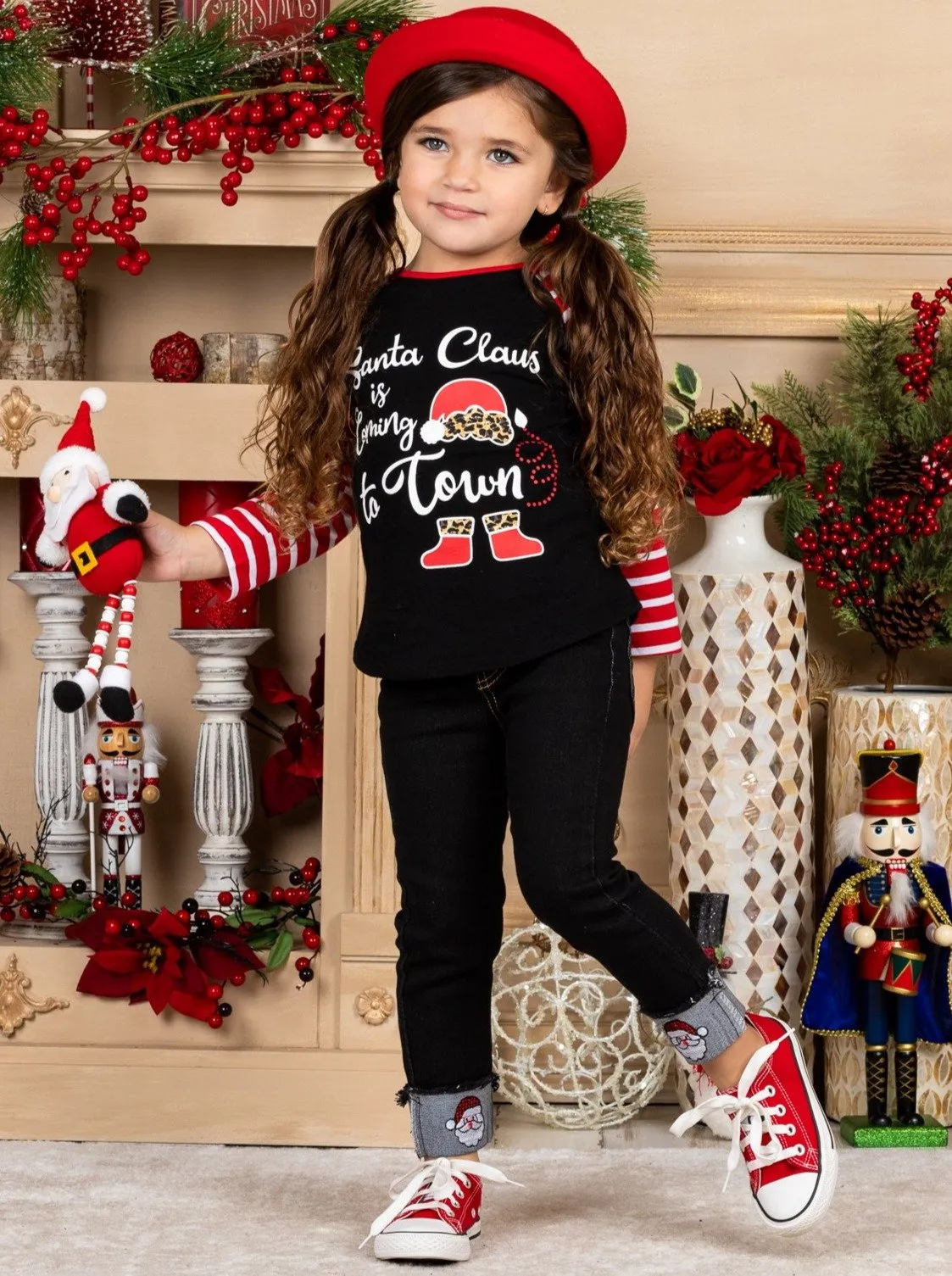 Girls "Santa Clause is Coming to Town" Striped Top and Cuffed Jeans Set